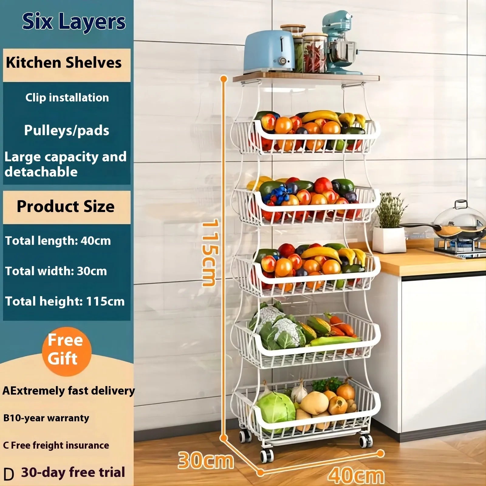 Black six layer kitchen shelf floor trolley with carbon steel frame and modern design
