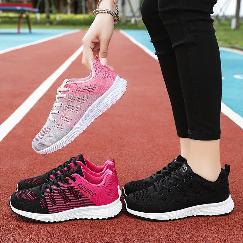 Women's running shoes with Flyknit upper in black, rose red, or gray pink with flat heel and soft bottom