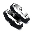 Black and silver his and hers couple bracelet set with stainless steel crown and letter charm on silicone strap