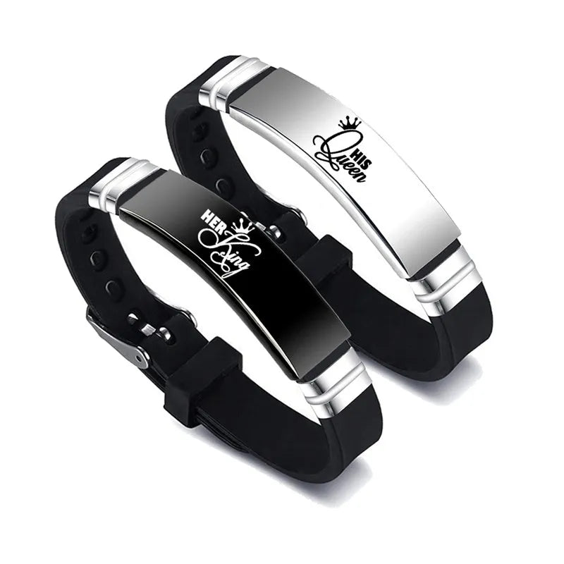 Black and silver his and hers couple bracelet set with stainless steel crown and letter charm on silicone strap
