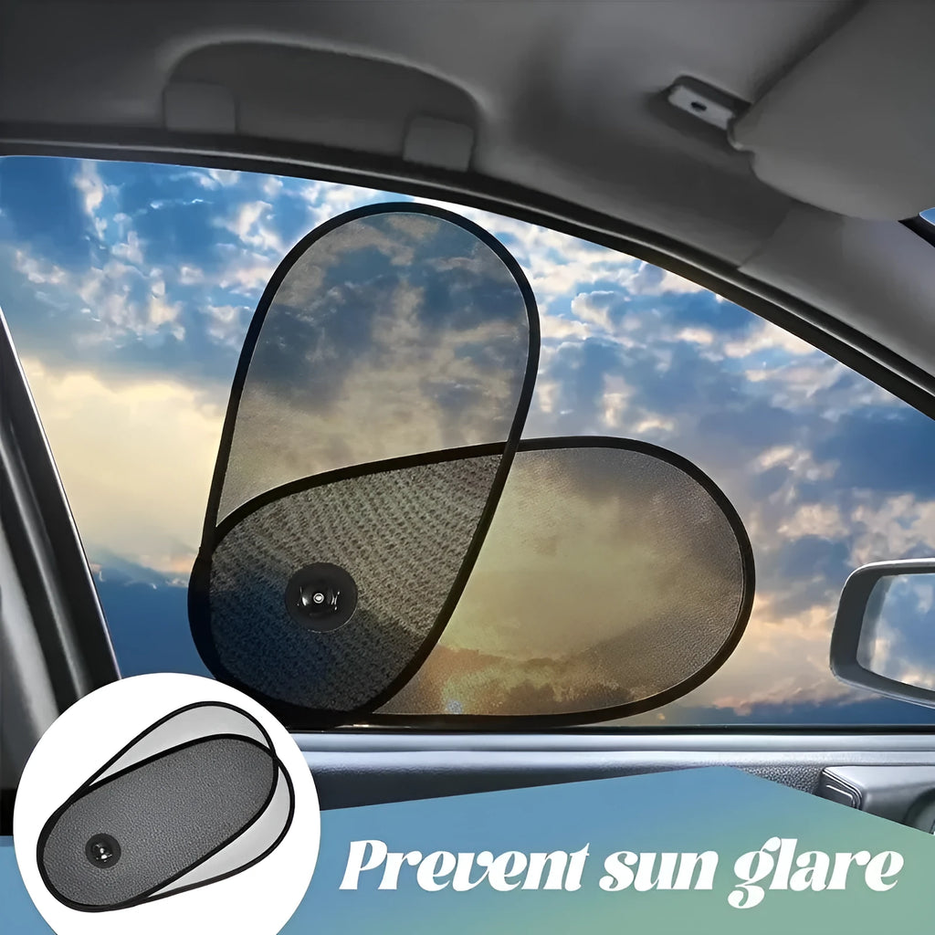 Black adjustable car side window sun shade stretched on glass with visible mesh and suction cups