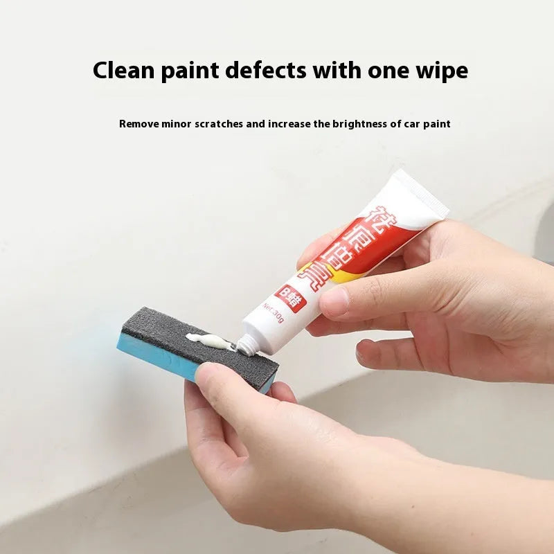 Car repair wax kit showing Scratch Removal A Wax, Brightening B Wax, and a frosted sponge mop for paint correction.