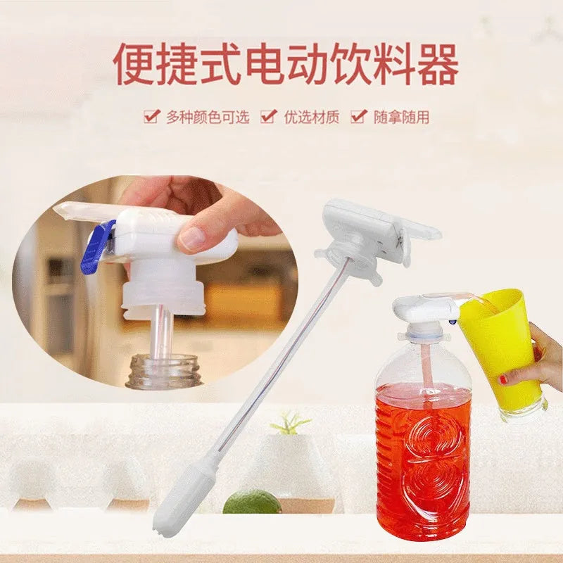 Manual electric pumping water device with long silicone straw and blue pressure handle on a drink bottle