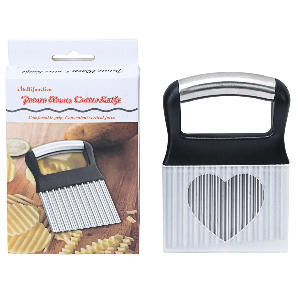 Stainless steel potato wave knife with corrugated blade on a wooden cutting board