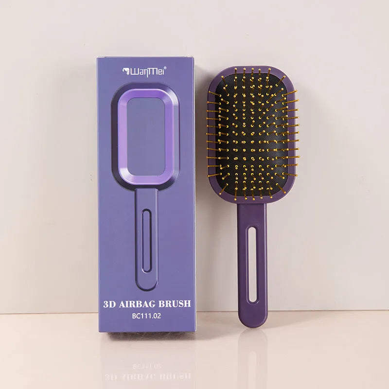 3D air cushion comb with ABS steel needles in boxed gift packaging, over 20cm length, black handle with pink ring