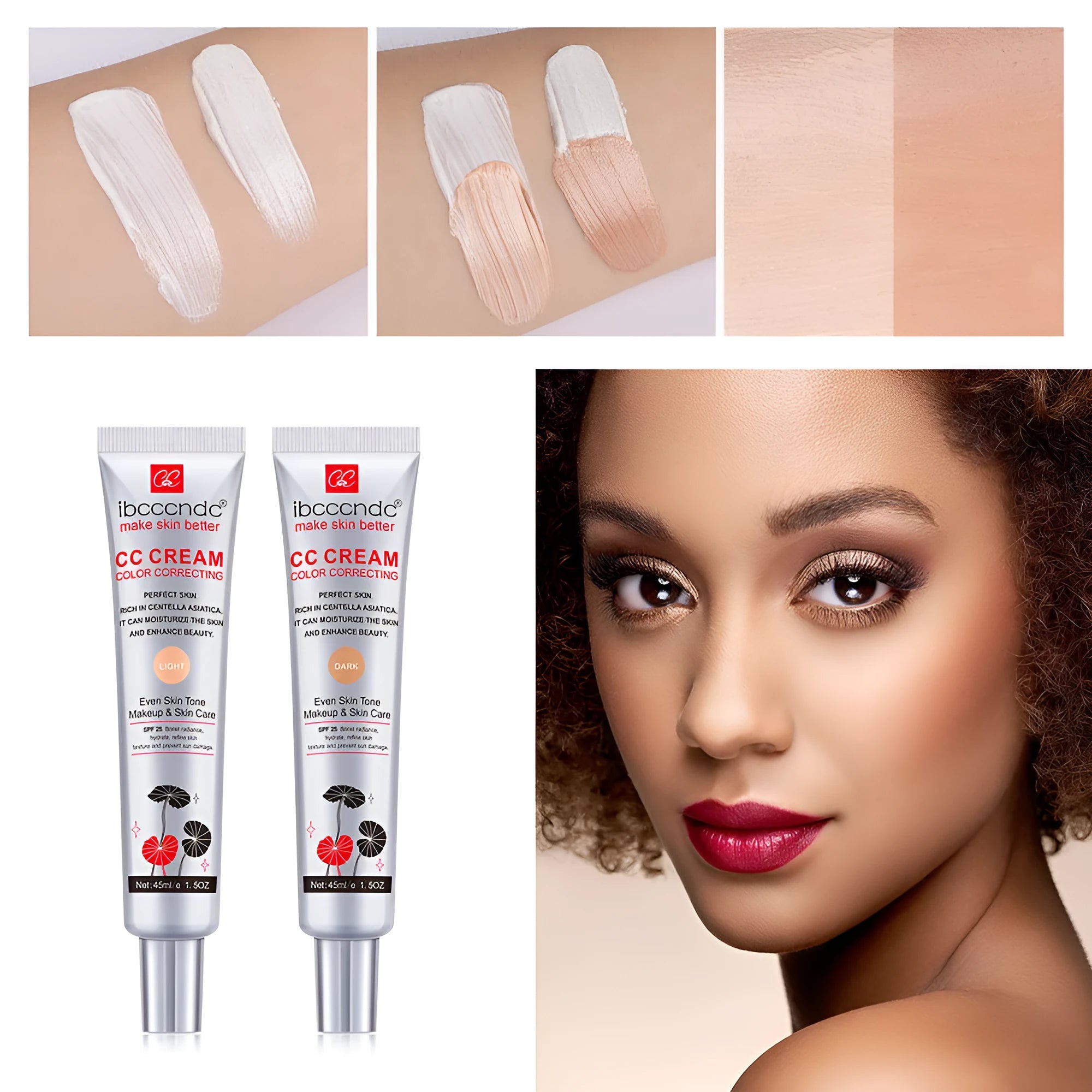 Moisturising Correcting CC Cream by Erborian, waterproof anti-sweat, colour-changing formula, available in Dark and Light shades.