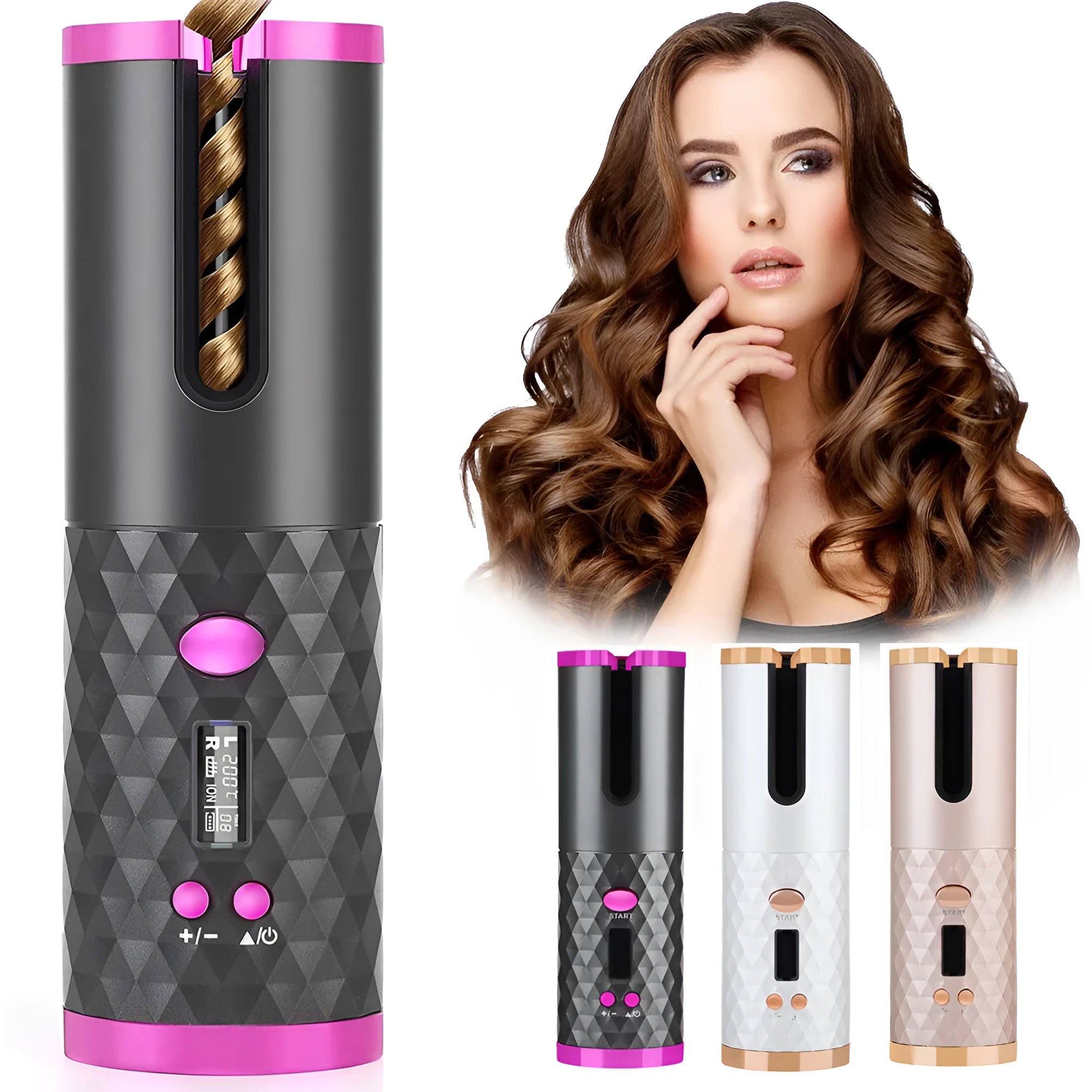 Rechargeable cordless automatic hair curler with LCD display showing temperature settings on ceramic barrel