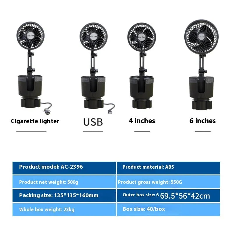 ABS plastic car cup holder fan showing 4-inch and 6-inch size options with 12V, 24V, and USB power plugs.