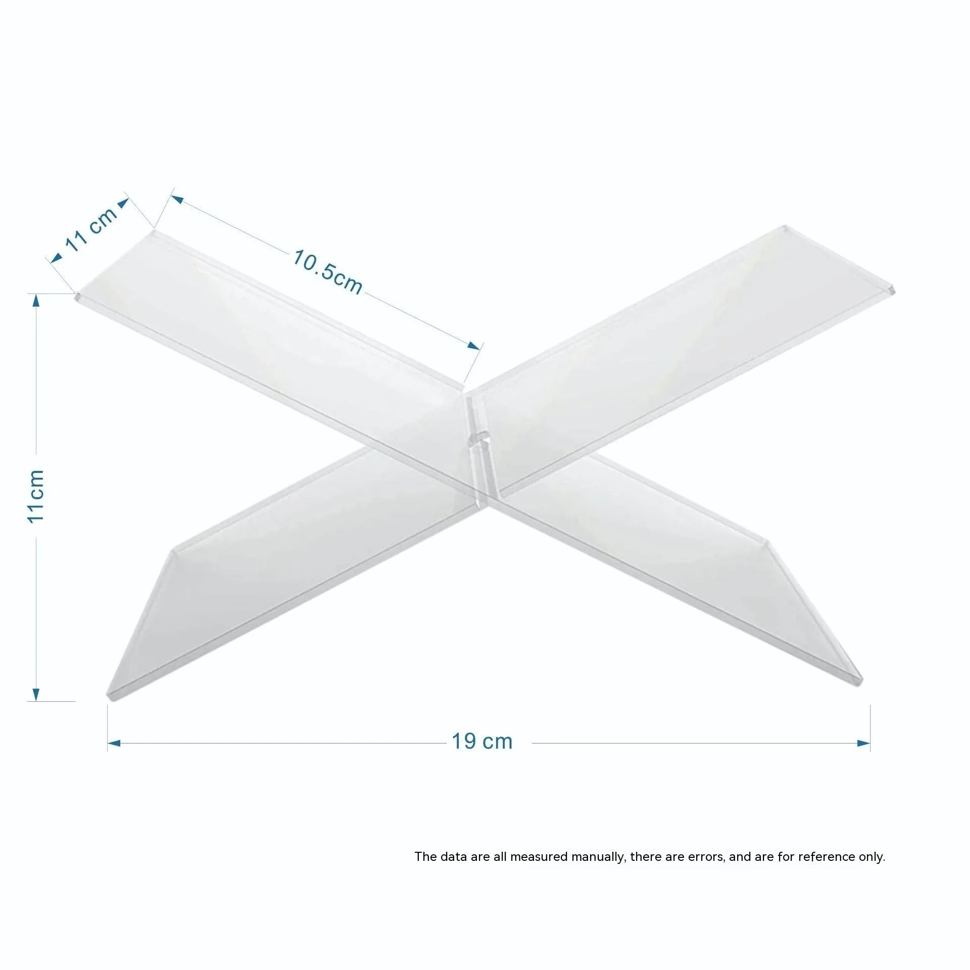 Clear acrylic X-shaped book display rack holding several upright books on a desk