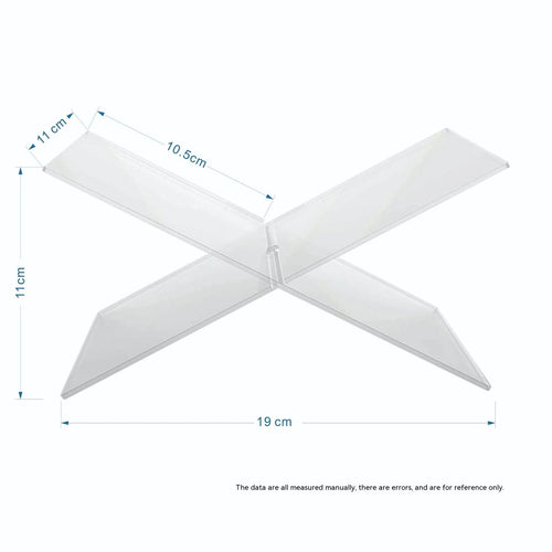 Clear acrylic X-shaped book display rack holding several upright books on a desk