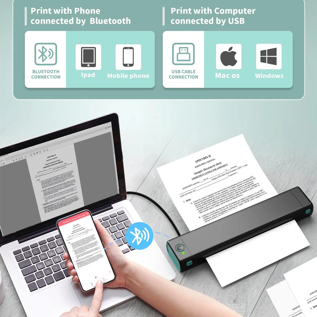 Phomemo M08F A4 portable thermal printer in silver black colour with charging cable