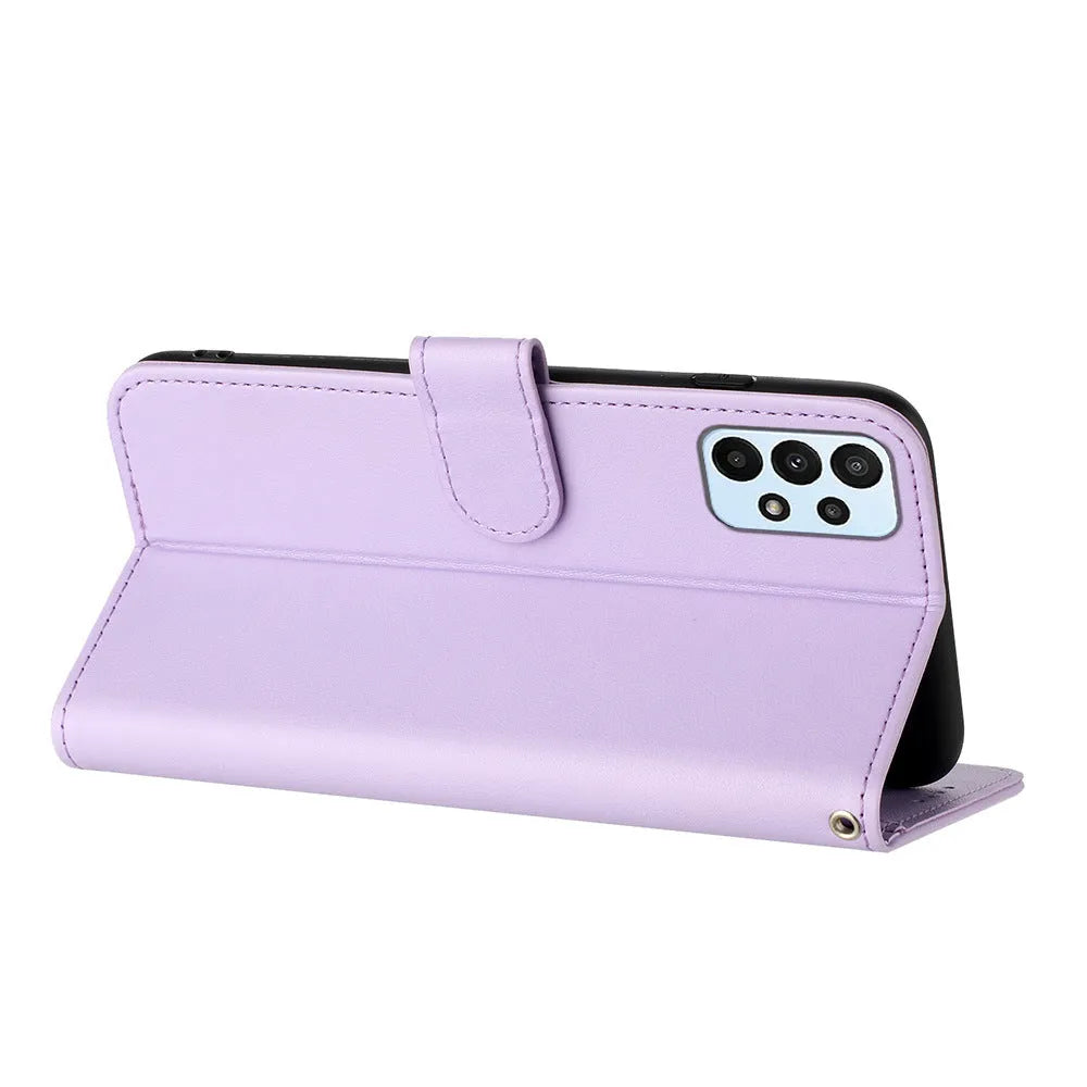 Samsung leather phone case with embossed datura flowers and flip card slot, available in multiple colours