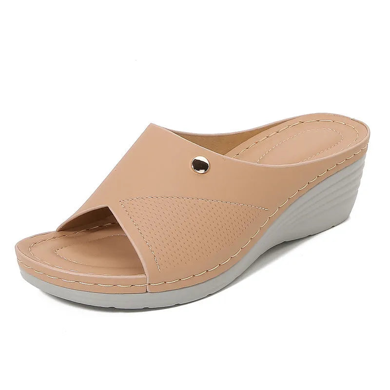 Women's wedge beach slippers in black, camel, and skin colour with microfiber upper and round toe