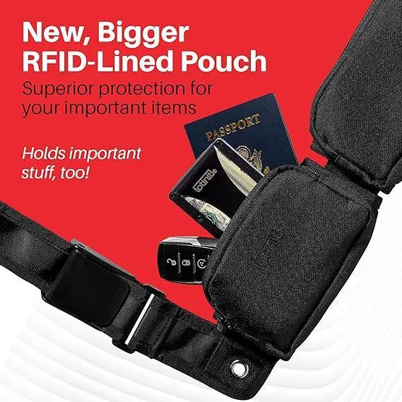 Black polyester passport crossbody bag with three pockets and tactical sling, compact 22.86 x 3.51 x 2.03 cm