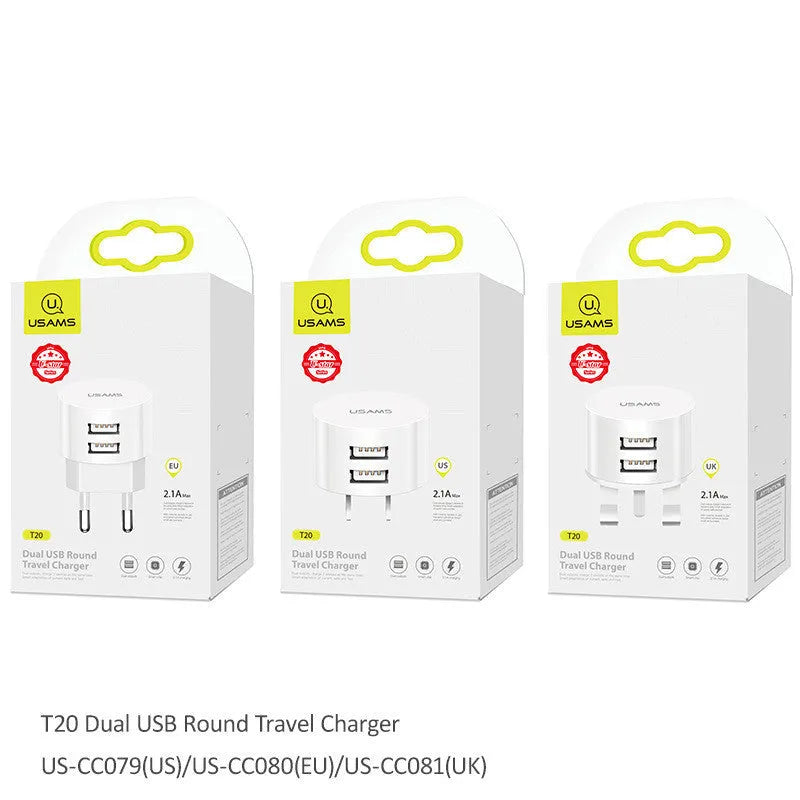 White portable universal dual USB phone charger with foldable US, EU, and UK plugs showing 39mm diameter