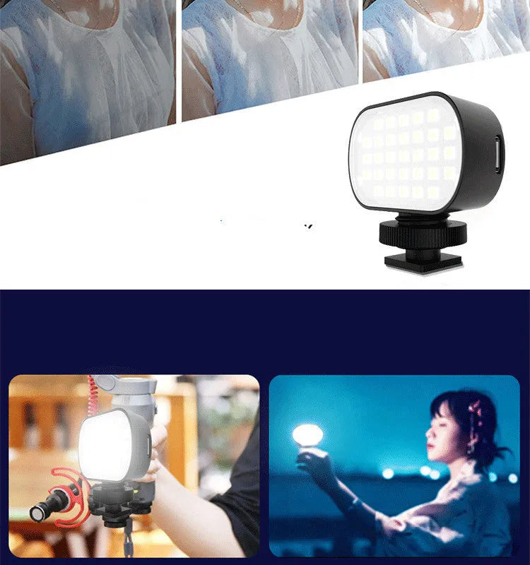Black ST-30 mobile phone fill light with digital display and cold shoe mount for photography.