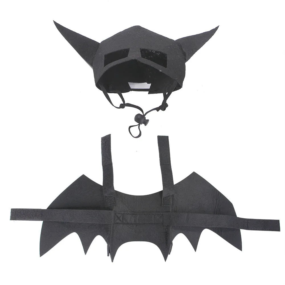 Halloween pet mask bat wings corset set in cloth fabric for dogs and cats, with adjustable neck and bat design