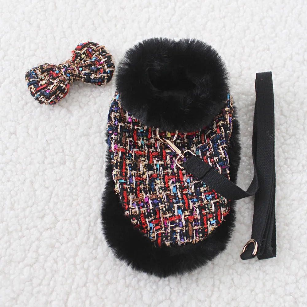 Classic cloth dog cloak attached to a chest harness with a hand-held traction rope lead.