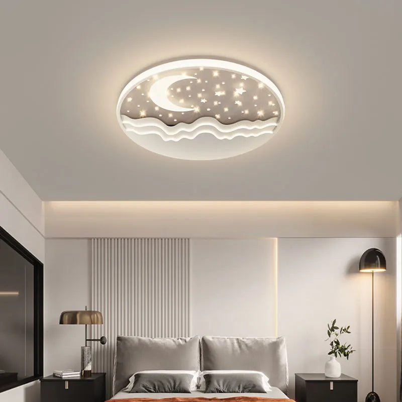 Moon ceiling light in 40cm, 50cm, or 60cm size, wrought iron and acrylic, white light or nonpolar, simple modern bedroom fixture.