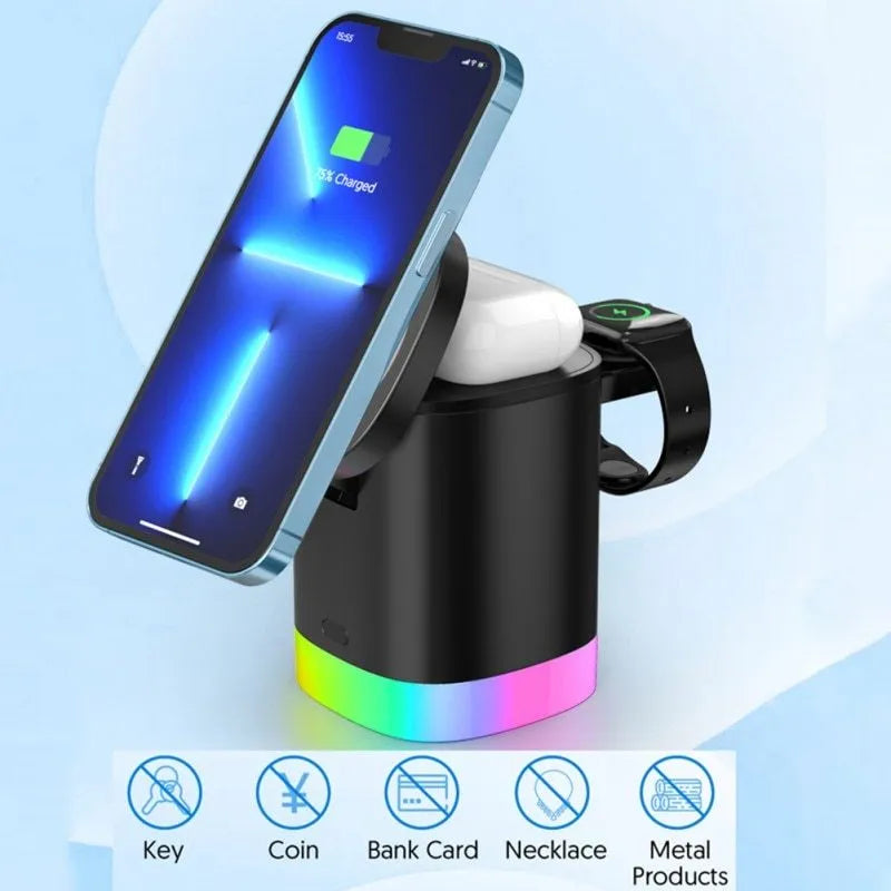 Black and white foldable 3-in-1 magnetic wireless fast charging station for phone, watch and earbuds.