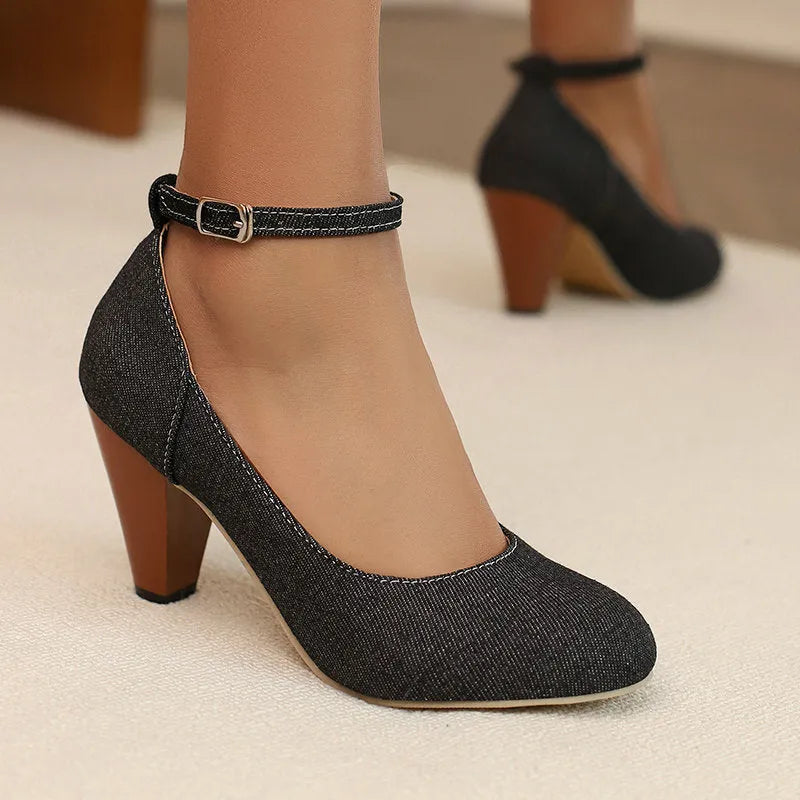 Women's blue denim waterproof platform high heel shoes with buckle fastening and round toe