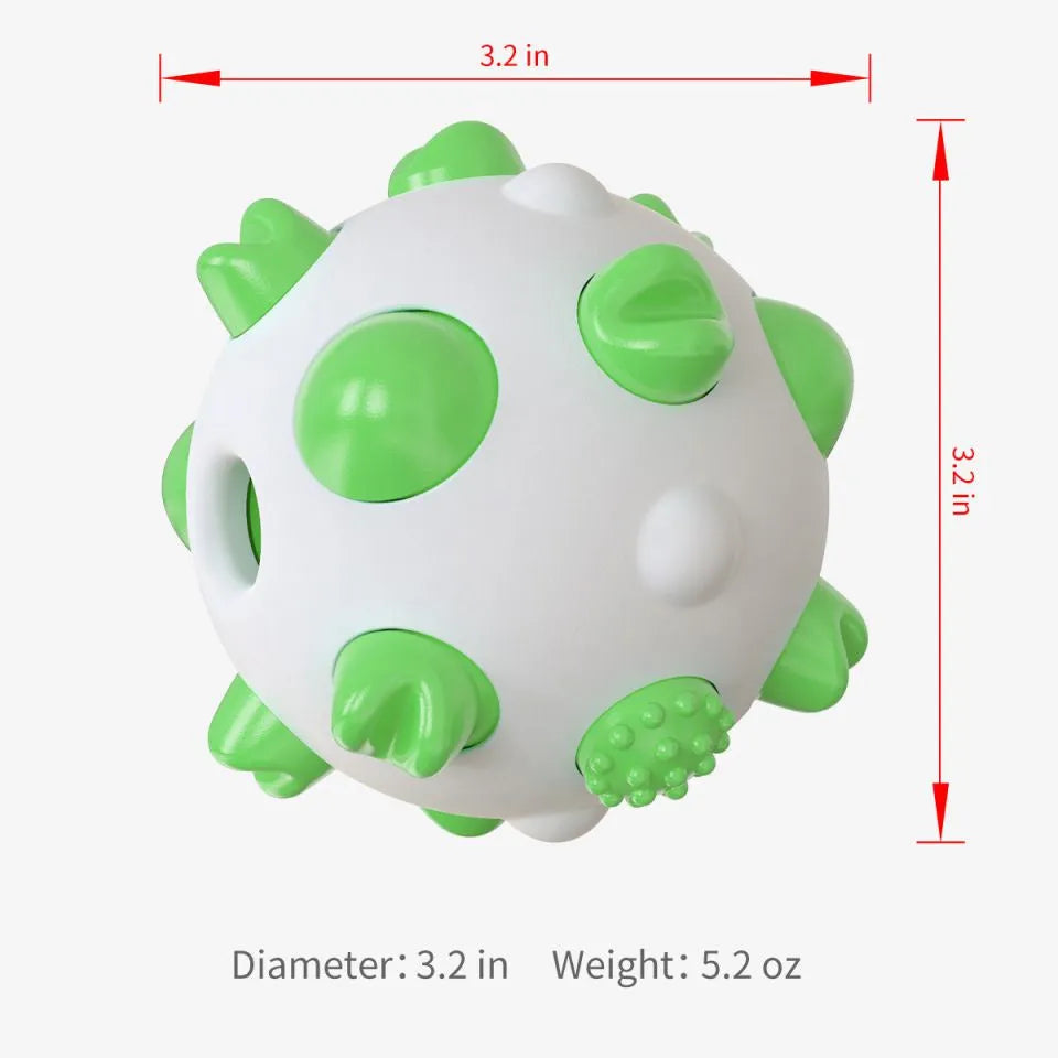 Blue dog teething chew ball with textured bumps and hollow treat compartment.