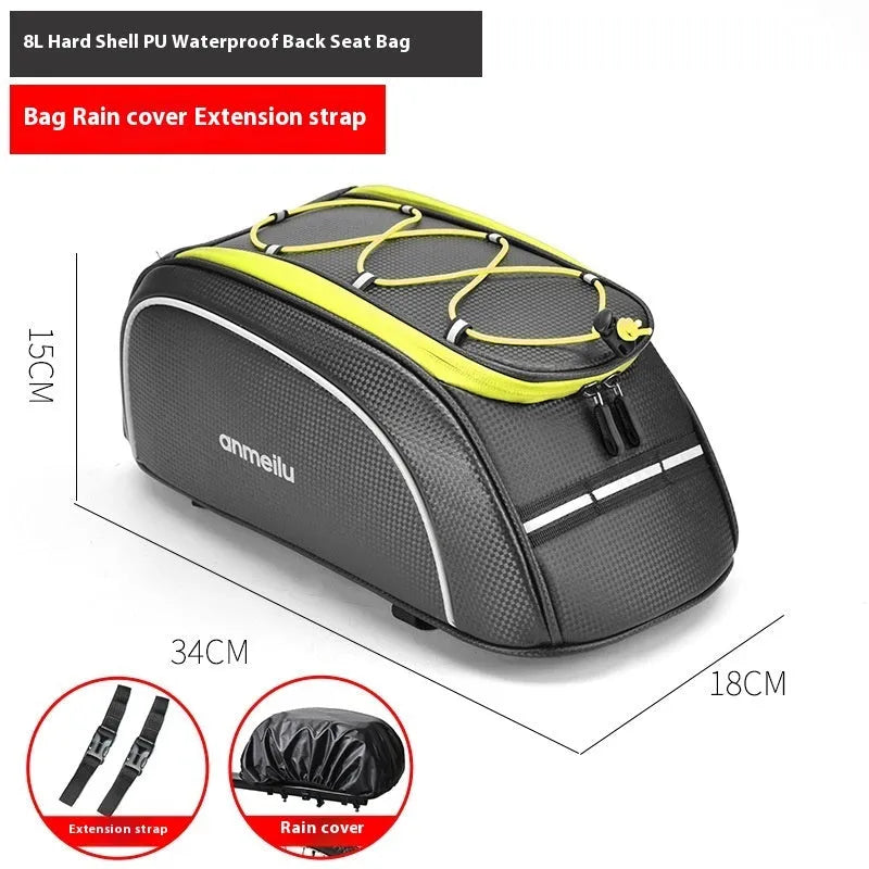 Waterproof black cycling bag mounted on bicycle rack with 8L capacity