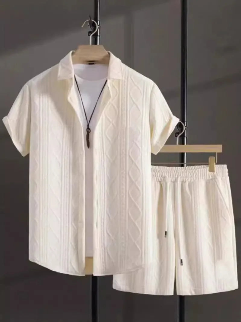 Men's beige short-sleeve jacket and shorts casual summer suit set on a hanger.
