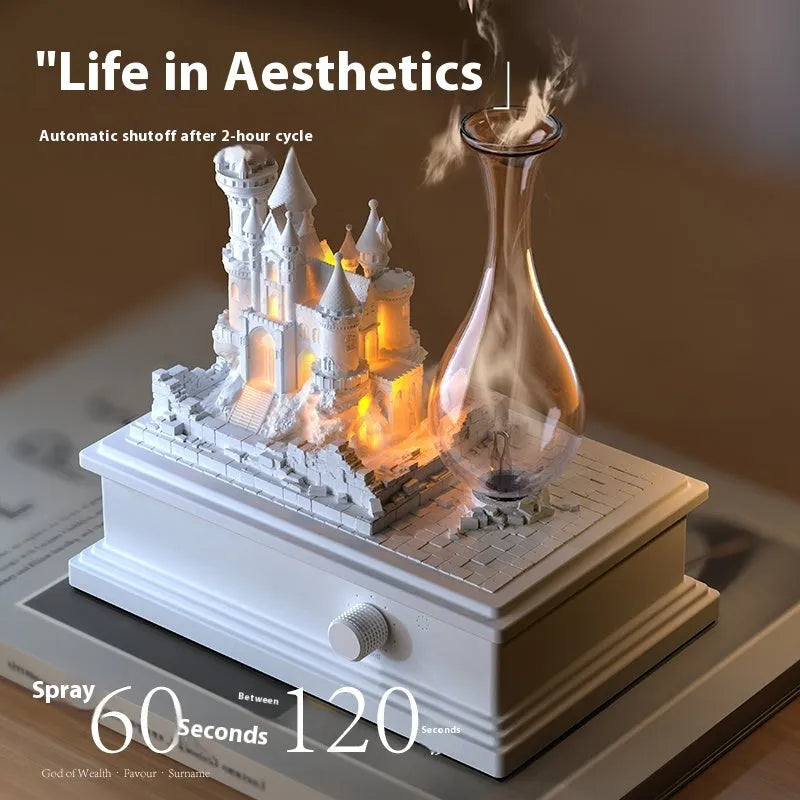 White medieval castle design waterless aromatherapy machine with ambient light on a wooden surface.