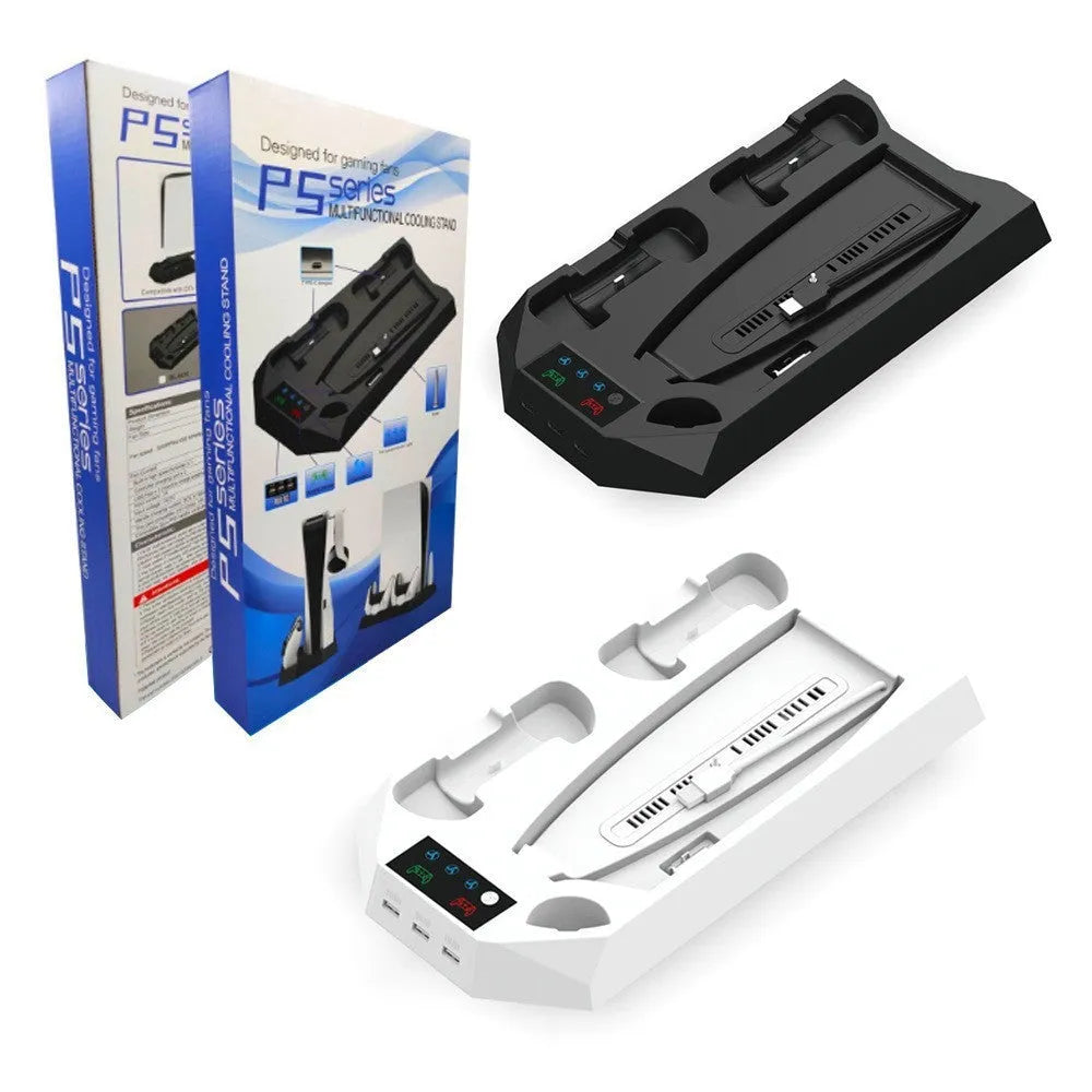 PS5 charging base radiator in black showing controller charging ports and console cooling fins