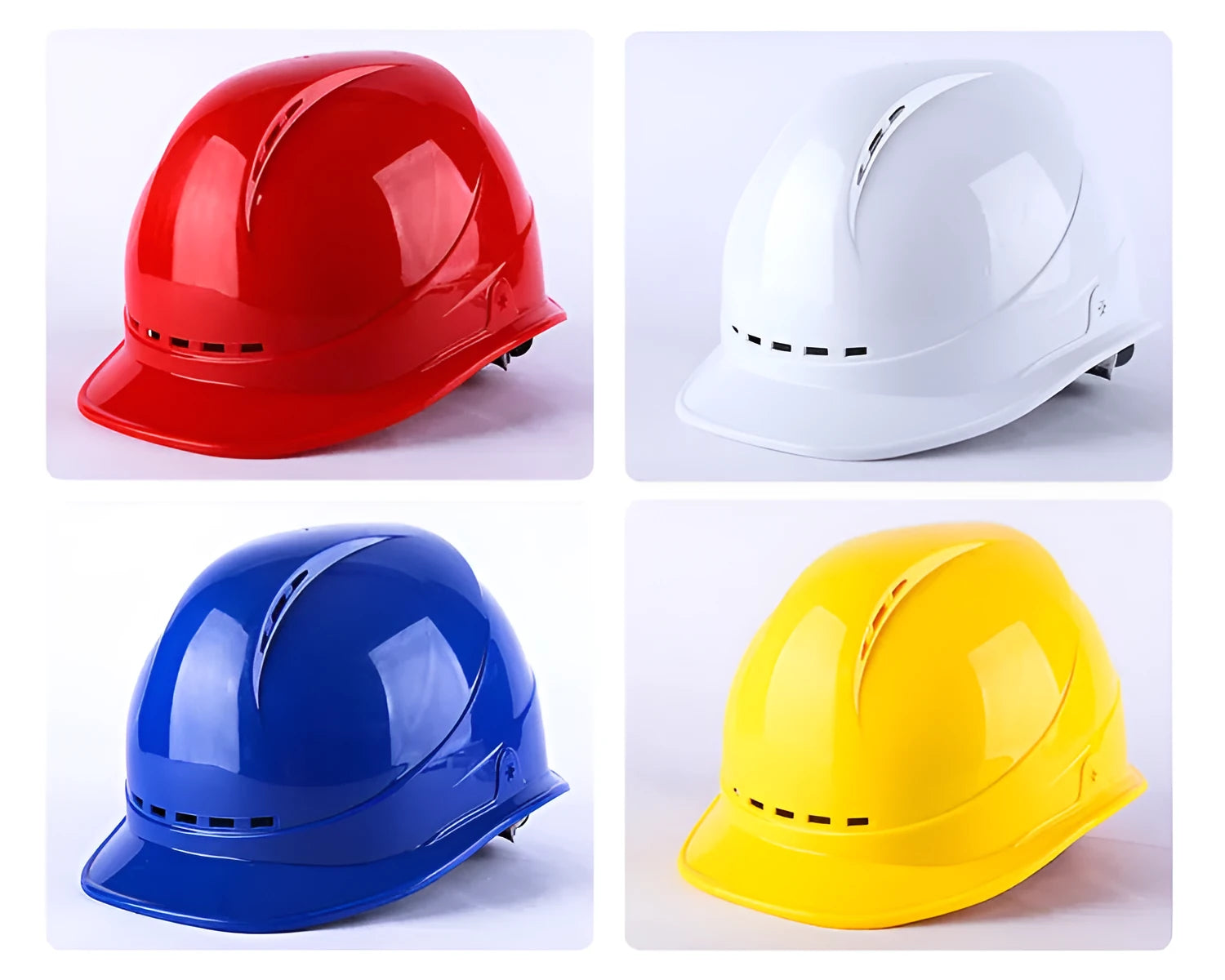 Construction safety helmet in red with adjustable rear hoop and vent holes