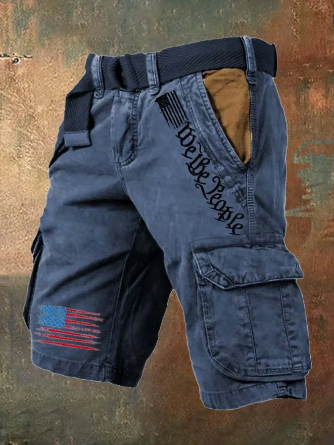 Men's khaki and blue thin multi-pocket fifth pants with loose fit and mid waist
