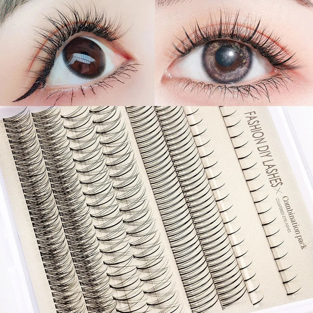DIY false eyelash kit showing segmented single-cluster lashes, adhesive bottles, tweezers, and a brush on a pink and black background.