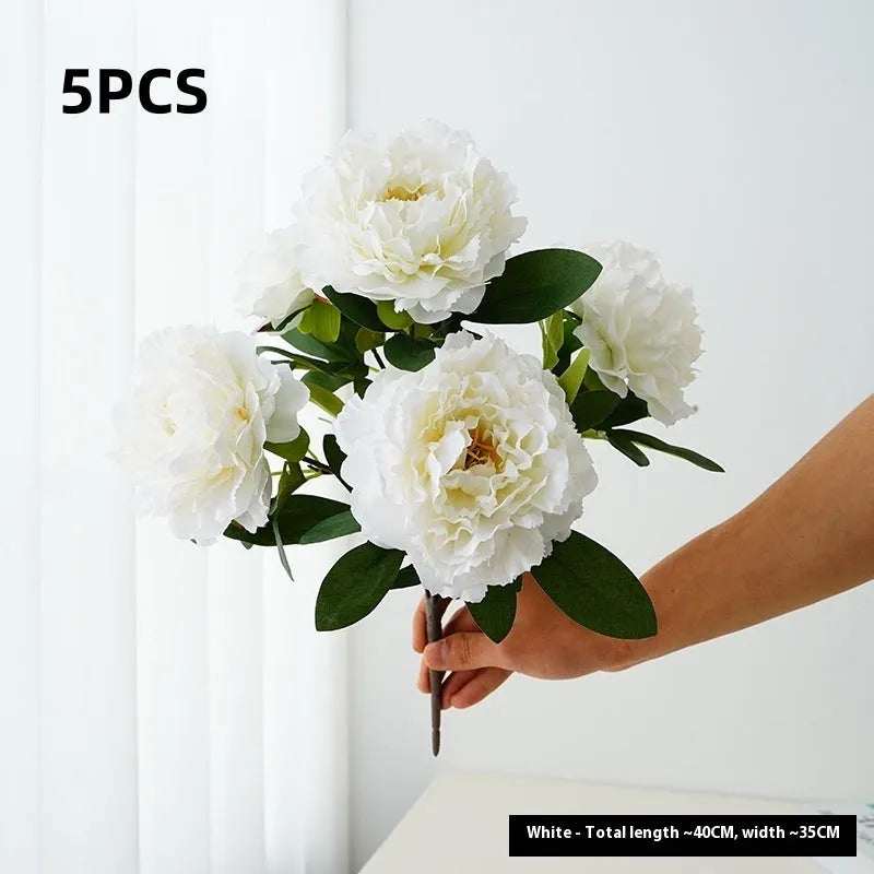 Artificial peony 5-head bouquet in light champagne, 40cm tall silk flower arrangement
