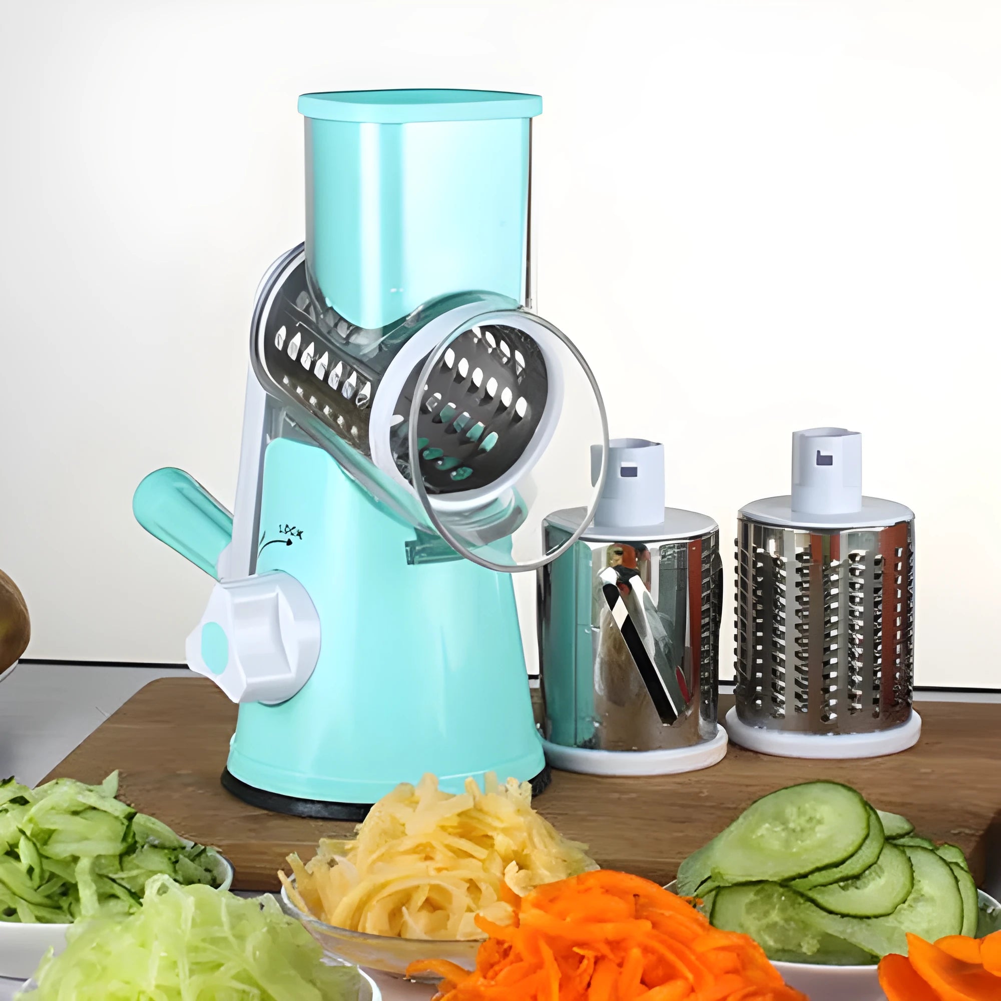 Round manual mandoline slicer with stainless steel blades in blue, green, or red colour