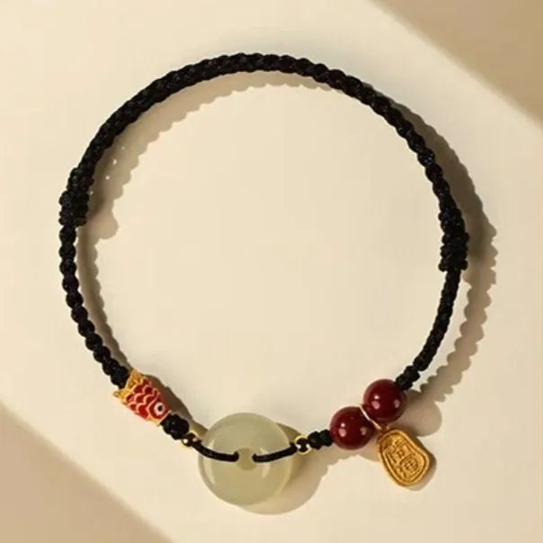 Hetian Jade peace buckle bracelet with braided rope in three colour options