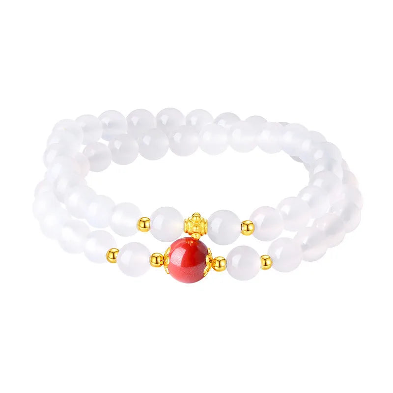 White agate double layer women's bracelet with jequirity bean cinnabar charm and geometric beads