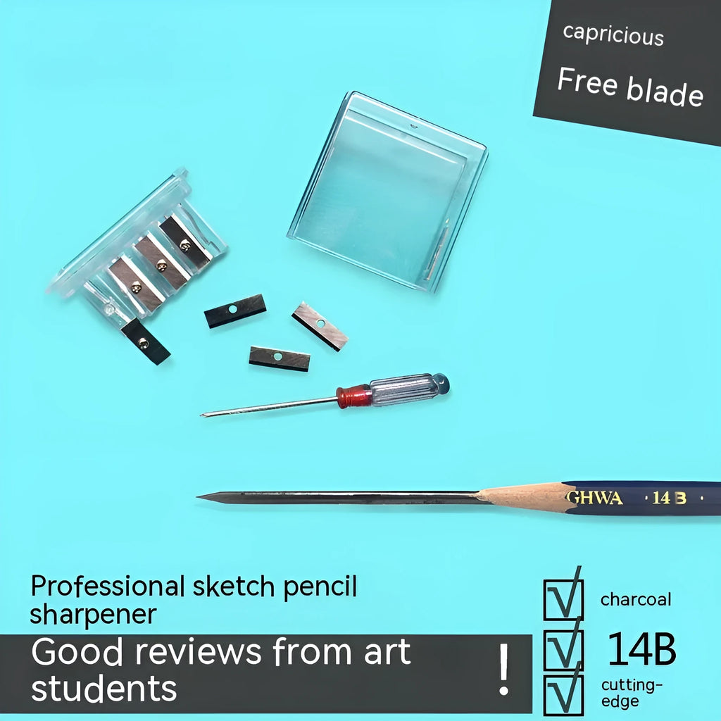 Geometric plastic pencil sharpener with four holes and an included screwdriver tool.