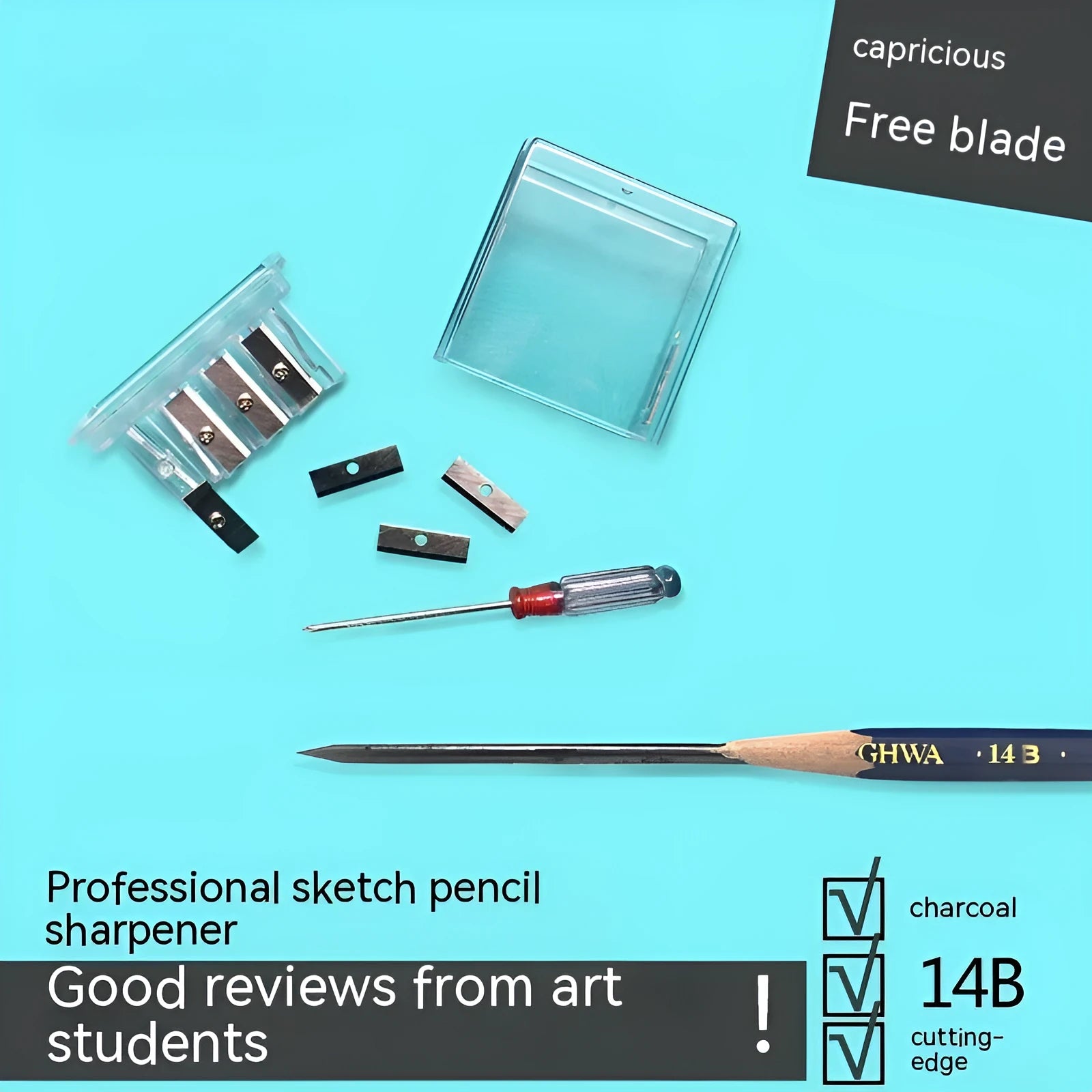 Geometric plastic pencil sharpener with four holes and an included screwdriver tool.