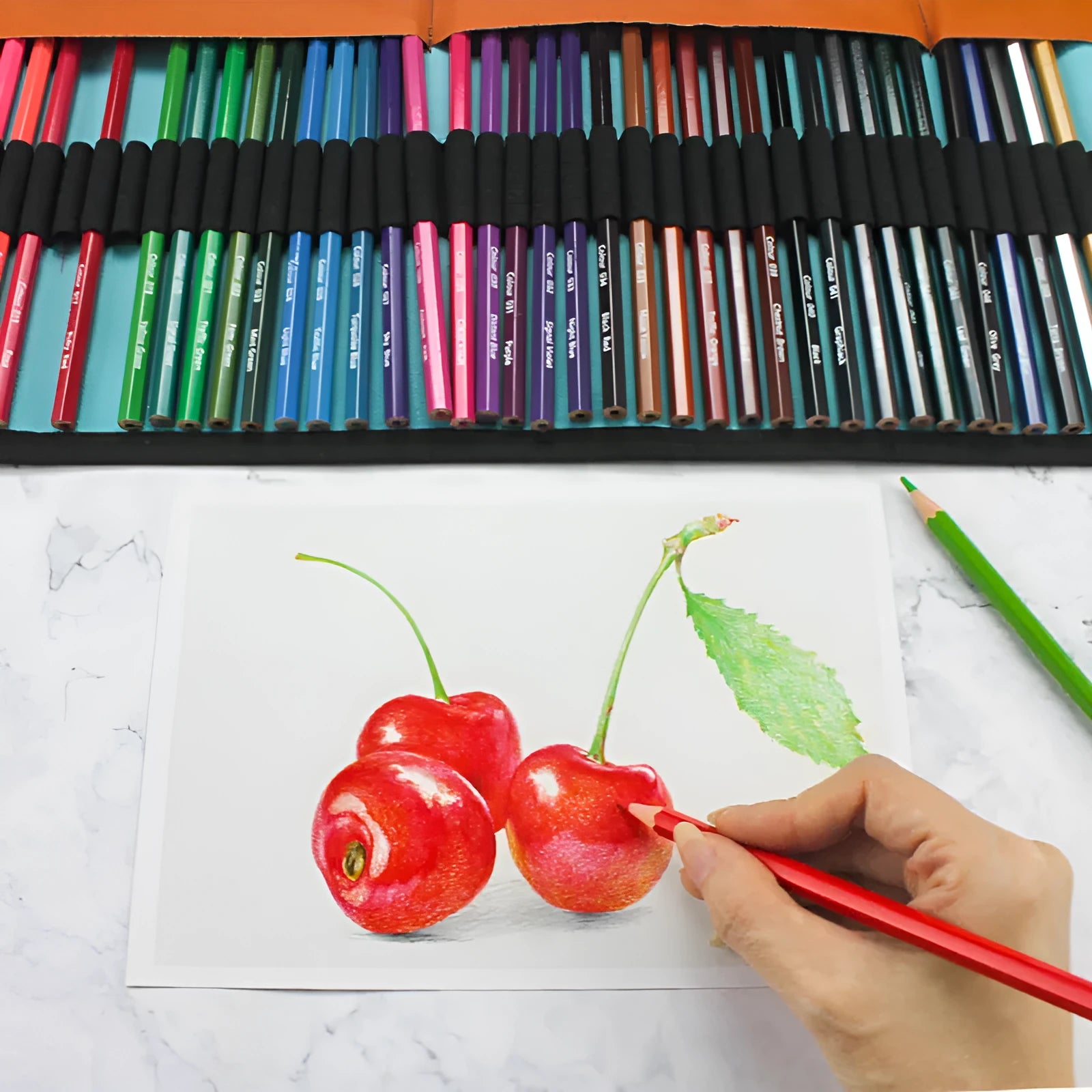 Set of 50 wooden coloured pencils for oil painting in a wooden case.