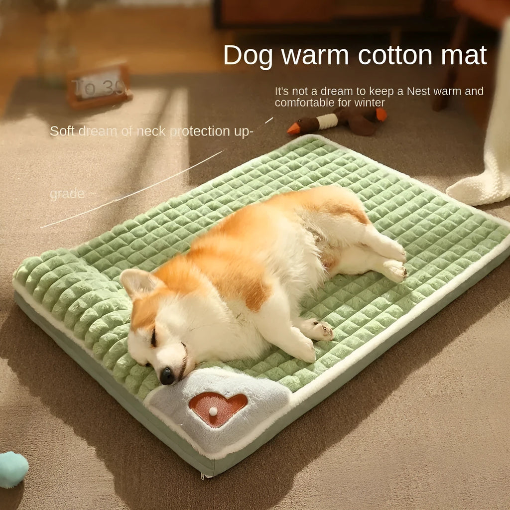 Large grey fleece dog mat with removable cover shown in a dog crate.