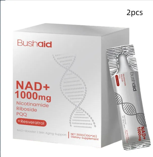 Jar of anti-aging drink supplement powder with nicotinamide riboside and PQQ, 300g total weight
