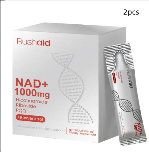 Jar of anti-aging drink supplement powder with nicotinamide riboside and PQQ, 300g total weight