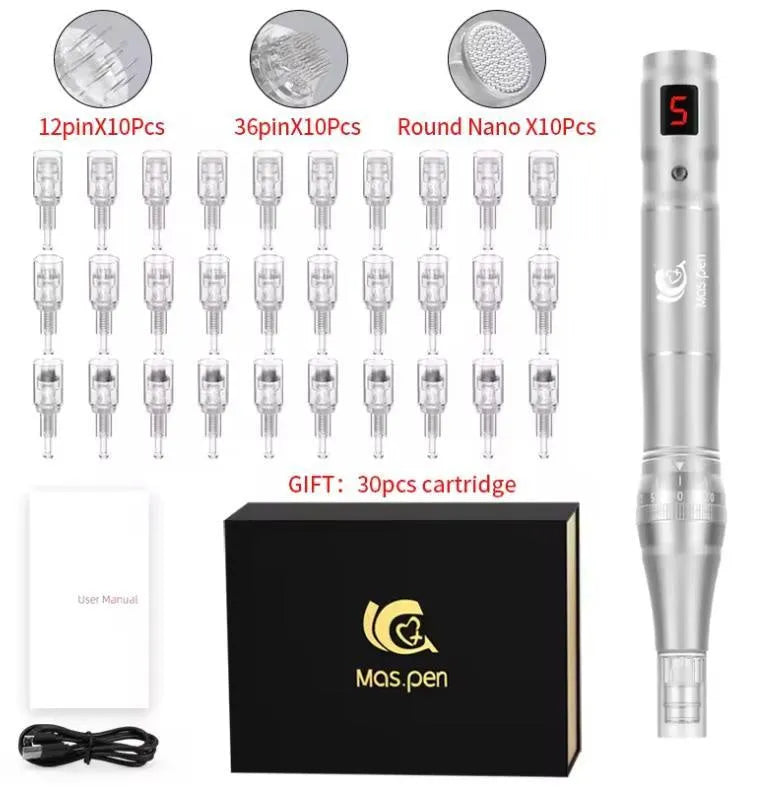 Silver electric derma pen with spiral mouth in a black metal case for microneedling.