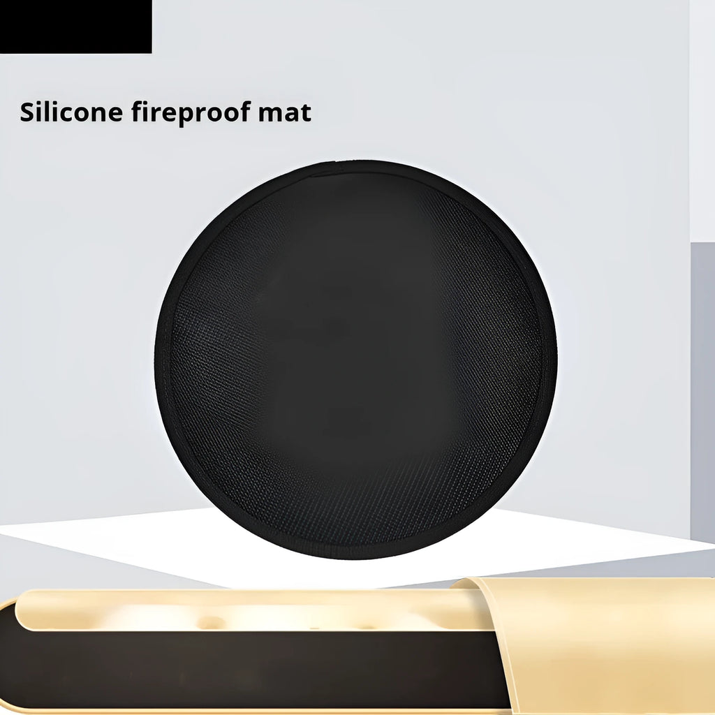 Black round fireproof barbecue mat on grass, available in 11 24 36 48 inch sizes