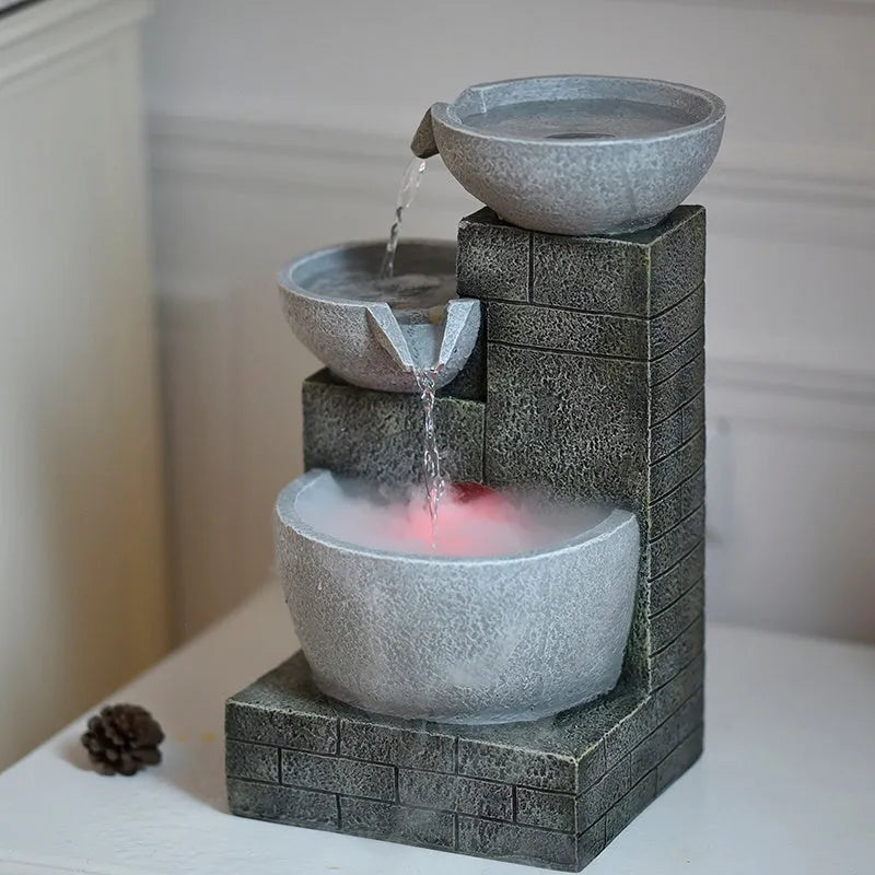 Modern desktop fountain humidifier hand painted resin waterscape light grey 25x21x43cm