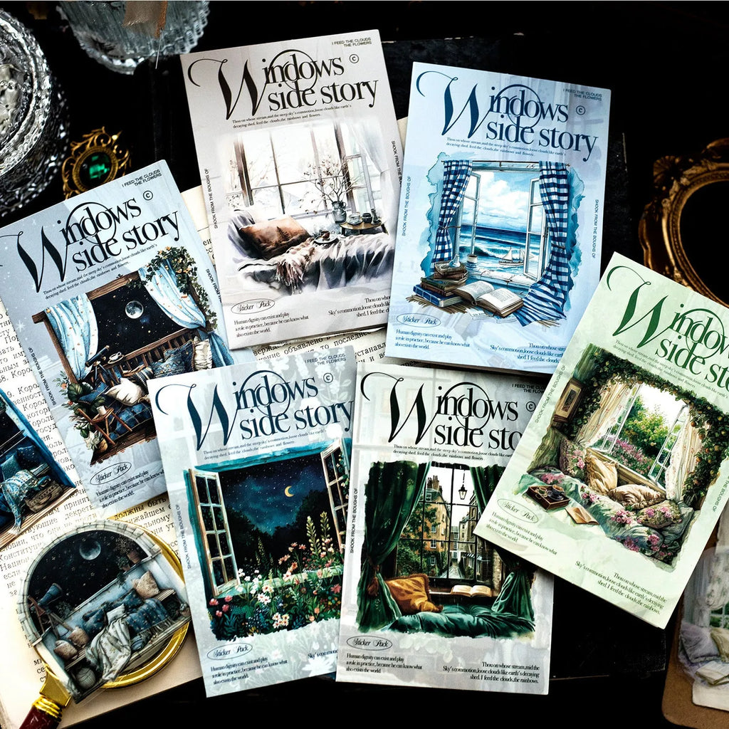 Window Story Series retro journal decorative stickers showing six window scene colour themes