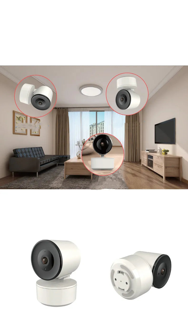 White indoor WiFi security camera with 1080P resolution and automatic motion tracking on a desktop stand