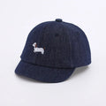 Baby denim baseball cap with puppy patch in light blue, dark blue, and black colour options.