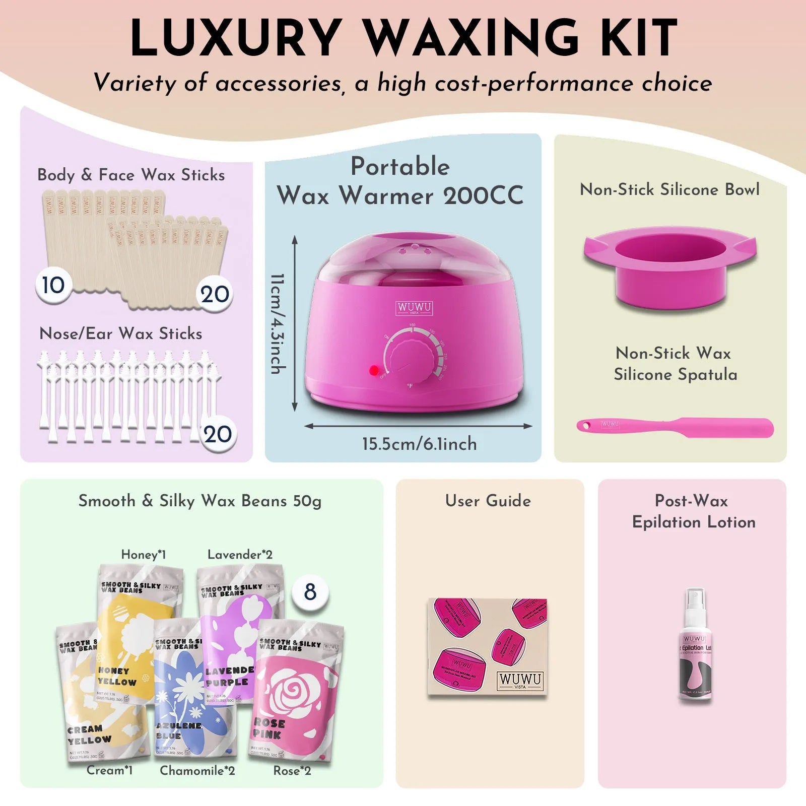 WUWUVISTA hard wax hair removal kit with pink wax warmer, wax beans, lotion, and applicator sticks